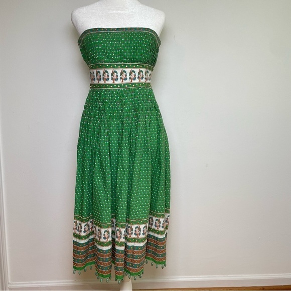 Vintage Bohemian Printed Floral Fit and Flare Strapless Cotton Dress Sequins - Picture 2 of 16